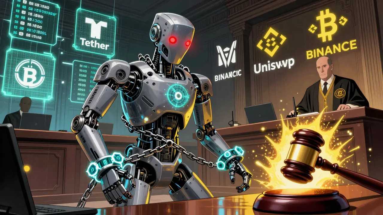 A rogue AI bot is chained by blockchain nodes in a courtroom of crypto addresses under OFAC judgment.