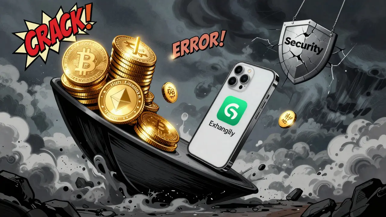 A scale tips under the weight of high-liquidity DEXs versus a lonely iPhone with Exchangily, security shield cracking above.