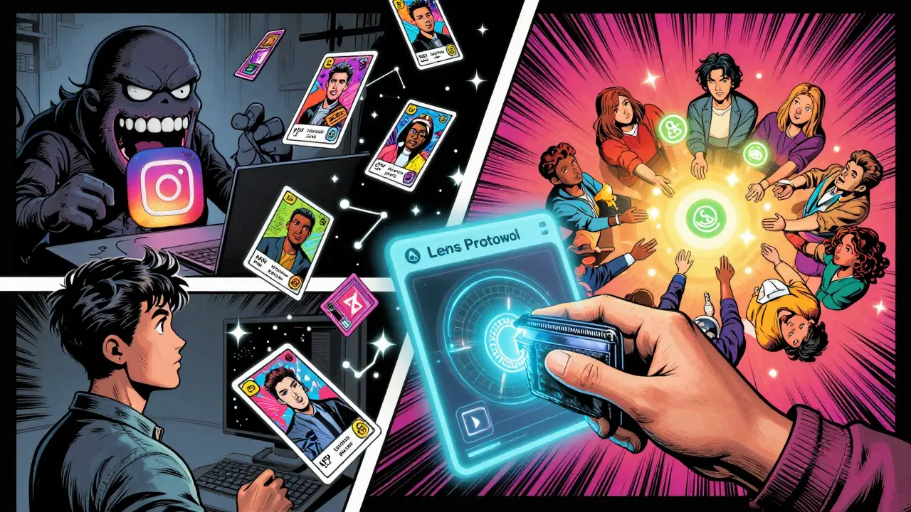 A user connects a crypto wallet as follower NFTs float like collectible cards, contrasting Web2's dark algorithm with Web3's vibrant DAO.