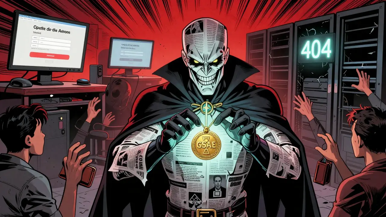 A villain holds a cursed GSAE token as users panic, contrasted with a thriving legitimate exchange behind them.