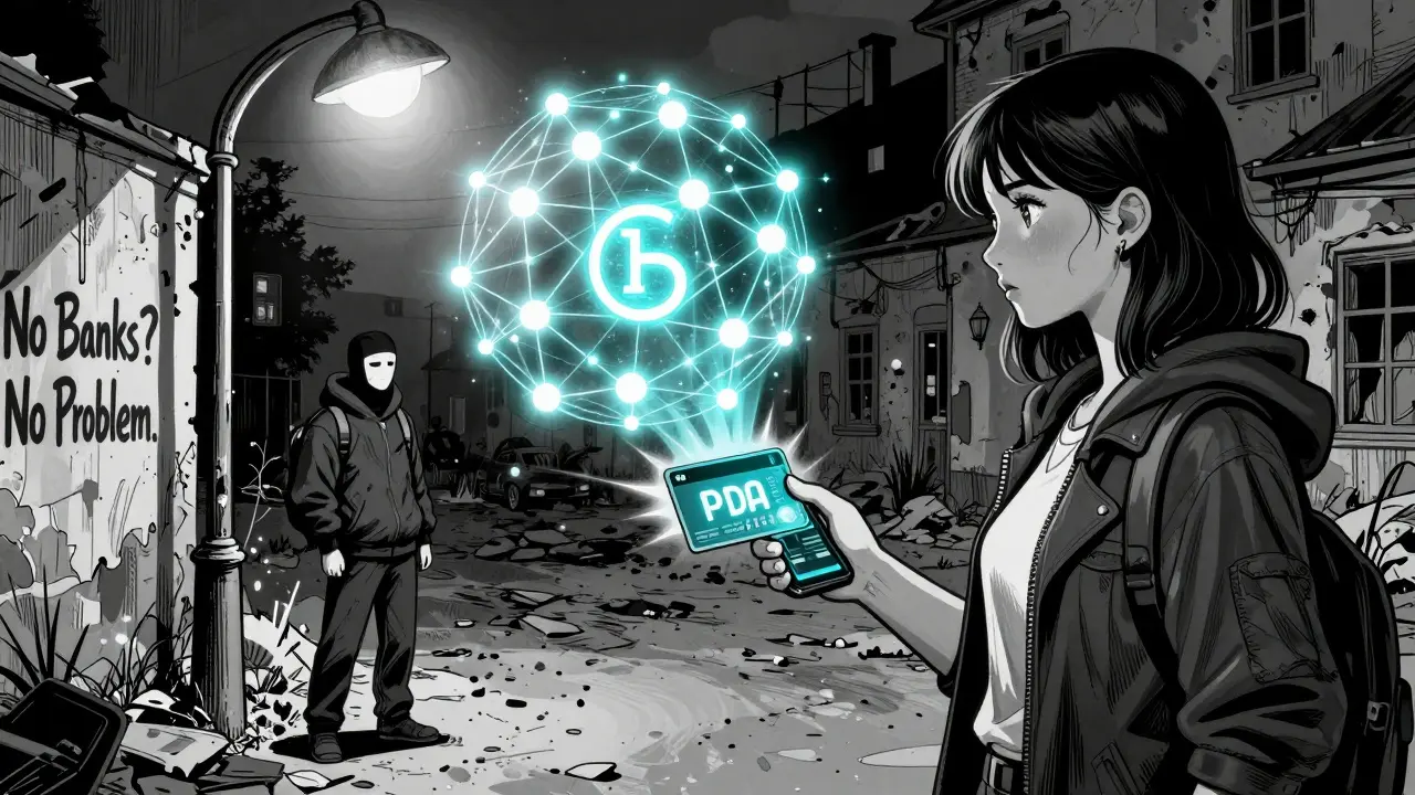 A woman trades a gift card for crypto in Russia, with her wallet auto-converting USDT to DAI as a decentralized network pulses behind her.