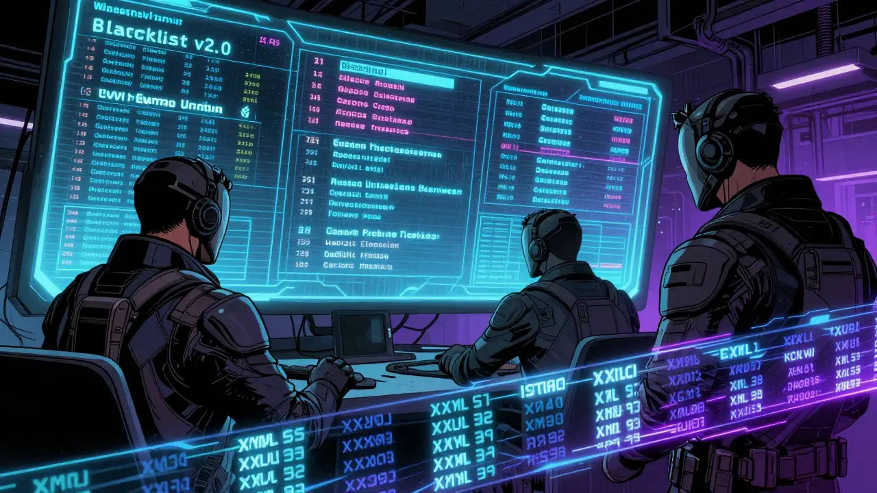 Agents monitor real-time blockchain sanctions on holographic screens in a cyberpunk command center.