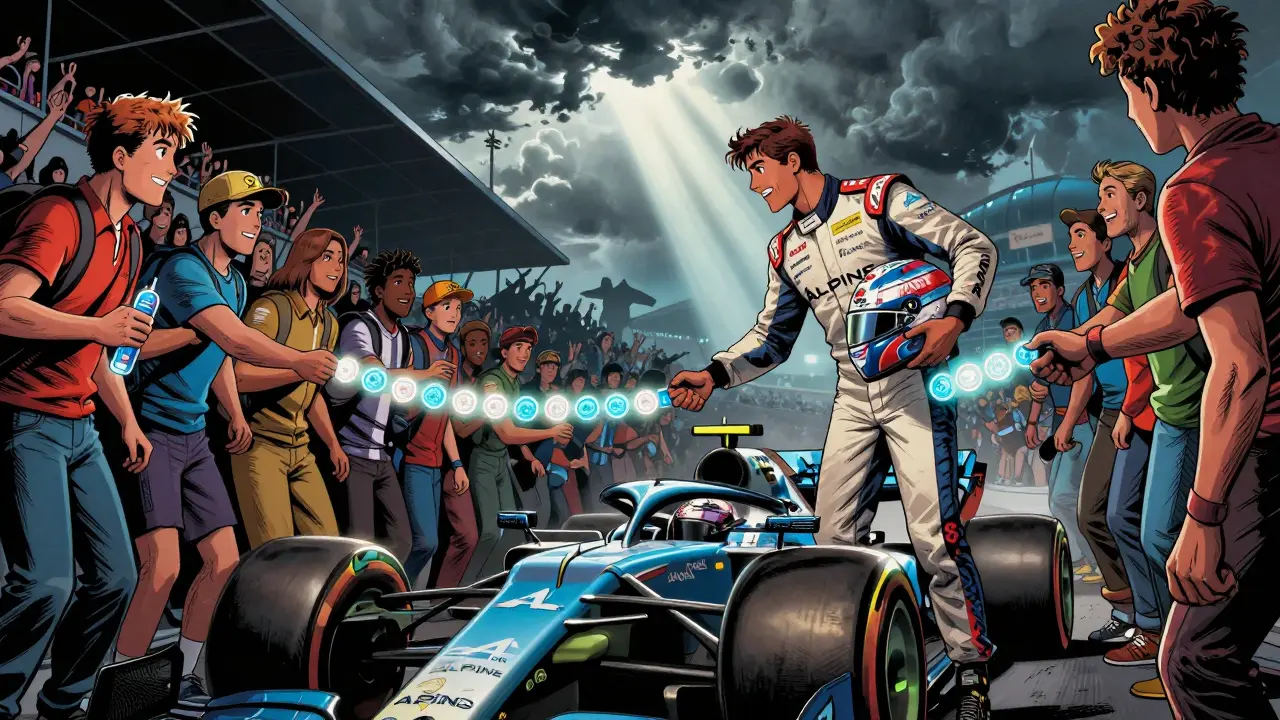 Alpine F1 driver shaking hands with fans holding ALPINE tokens, community-voted livery helmet in hand under dramatic light.