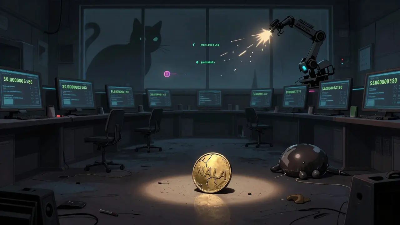 An empty trading floor with a single discarded NALA token and a cat silhouette unaware in the background.