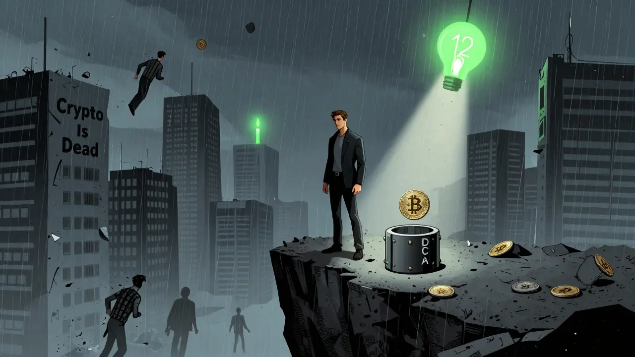 Bitcoin alone on cliff after crash, 'Crypto Is Dead' signs, faint green candle rising, fear index at 12.