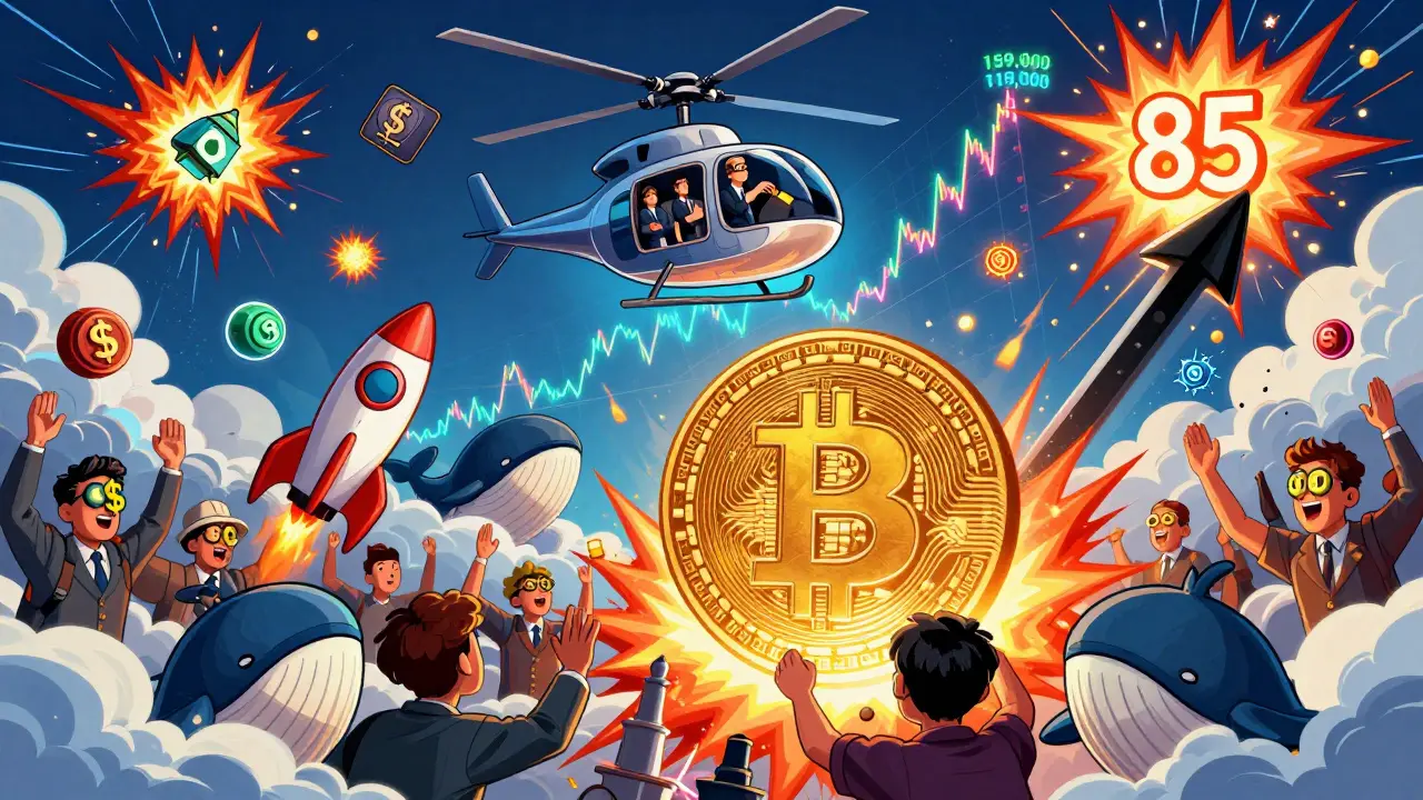 Bitcoin soaring amid NFT explosions and retail frenzy, whales selling from helicopter, fear index at 85.