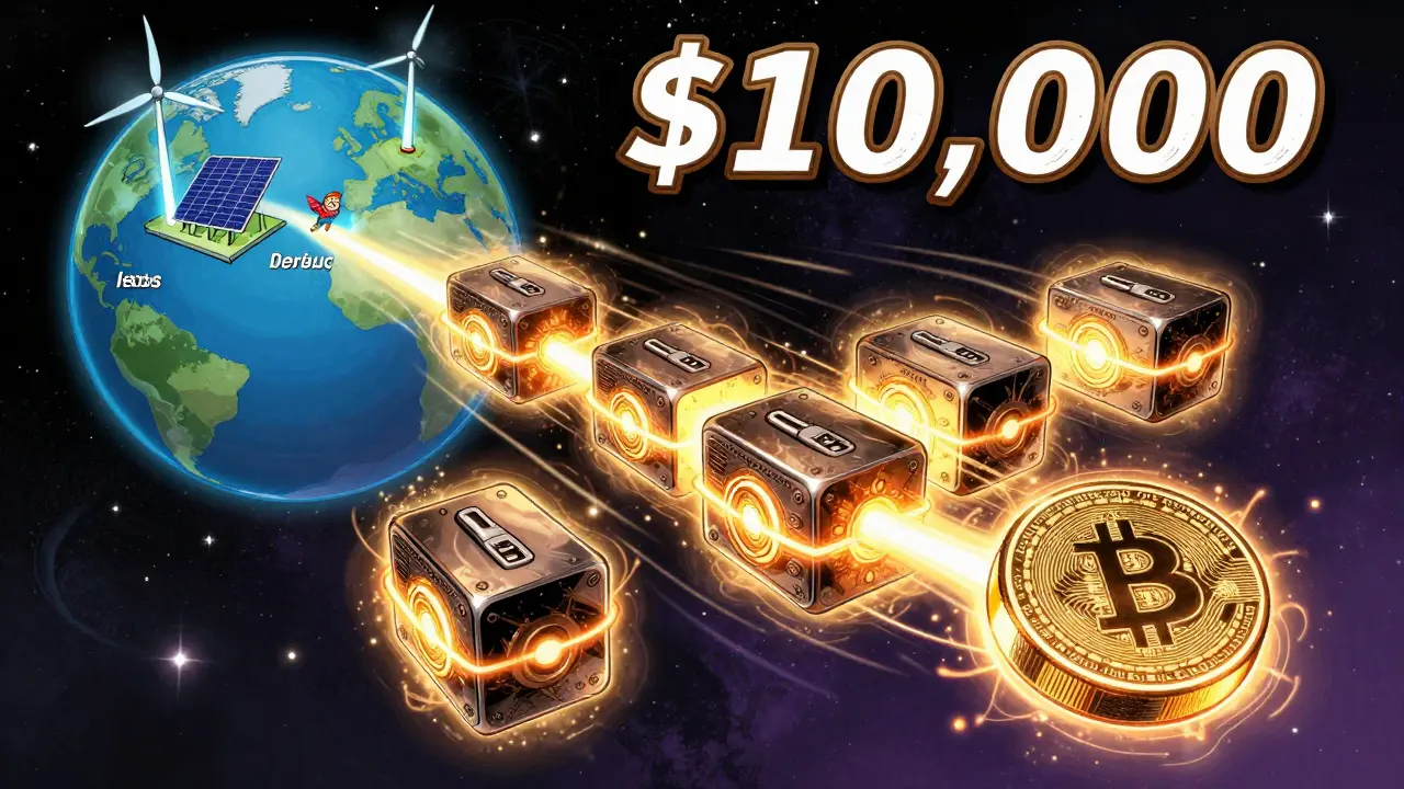 Bitcoin transaction secured by six glowing blocks as global mining farms operate on renewable energy