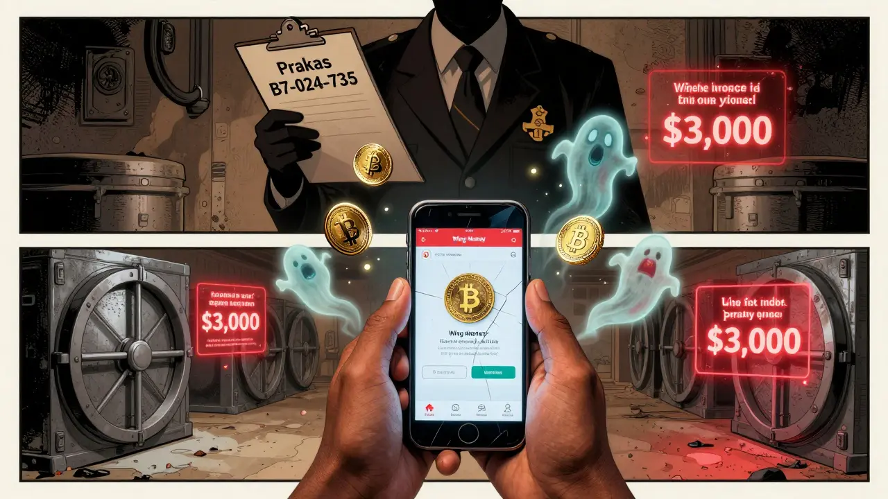 Cambodian farmer watches crypto coins vanish as a regulator looms, frozen app in hand, glowing warnings in the air.