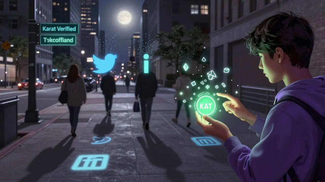 Citizens walk under 'Karat Verified' signs, their shadows revealing linked social profiles dissolving into blockchain light.