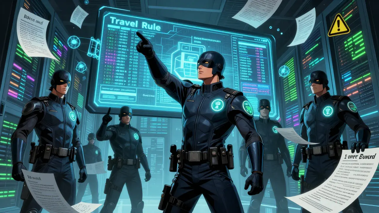 Compliance officers monitoring blockchain data with Travel Rule enforcement screens.