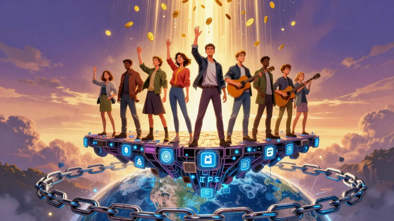 Creators stand on a floating network of nodes as golden royalties rain down, replacing social media logos with symbols of ownership.