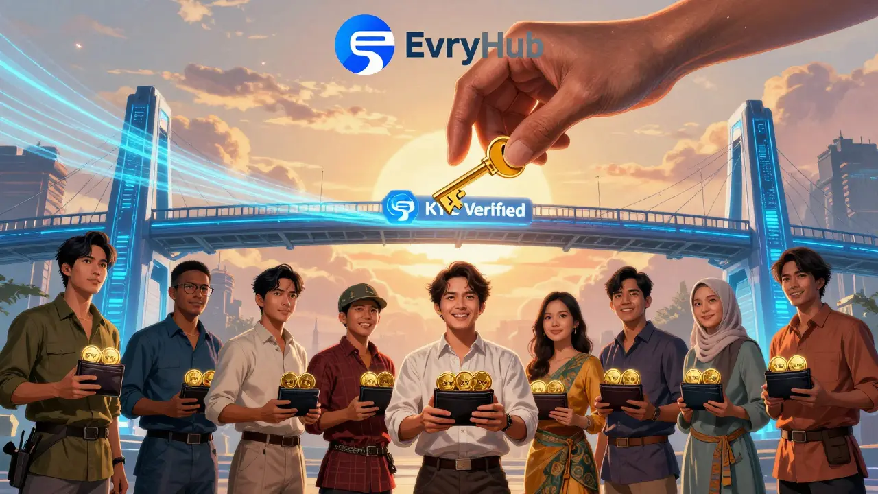 Diverse people receive EVRY tokens via glowing cross-chain bridge under EvryNet logo's golden key