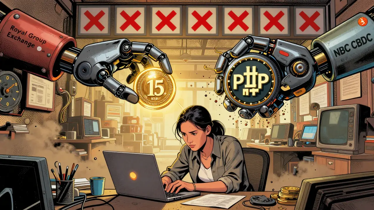 Entrepreneur faces a 15-day countdown as two giant hands offer a stablecoin or crush a P2P trade, blocked exchanges in background.