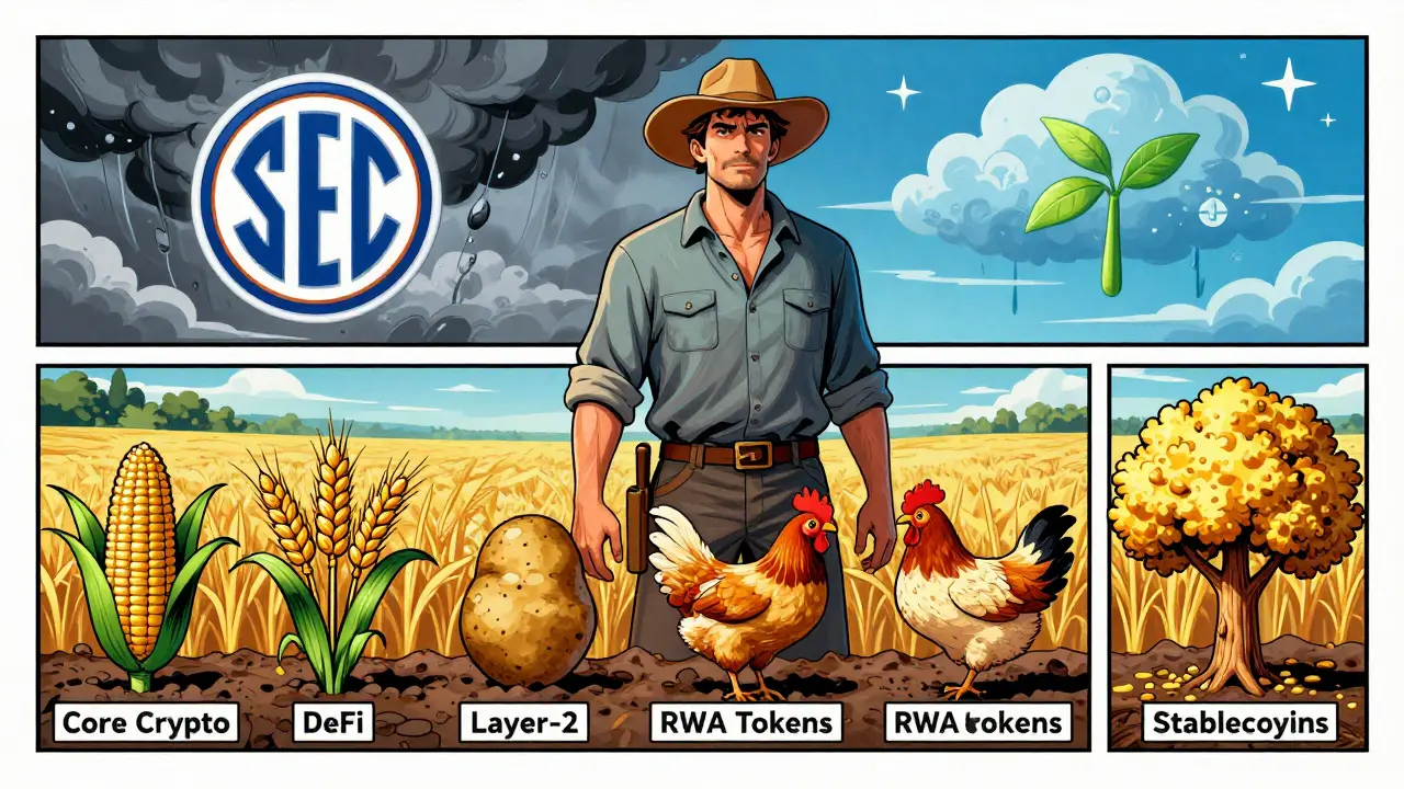 Farmer grows different blockchain asset classes like crops in a futuristic field.