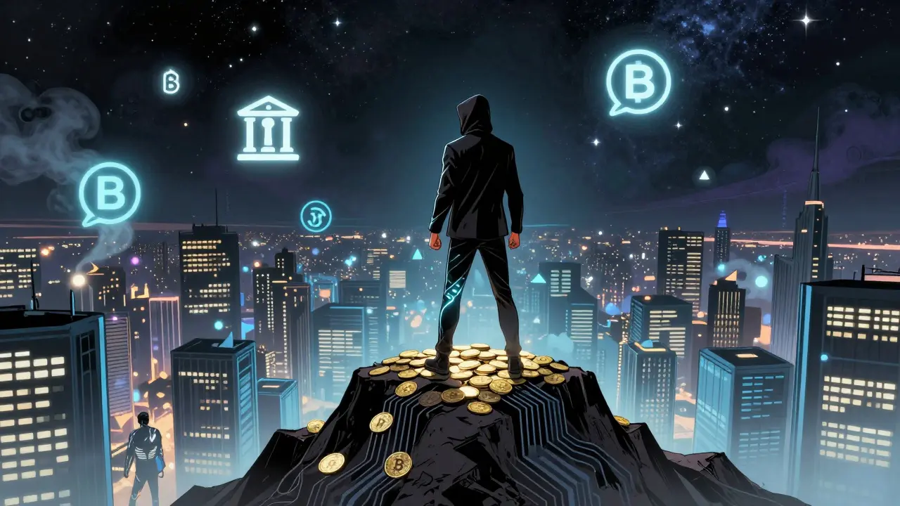 Figure in Coinbase Wallet suit stands atop crypto mountain, global cities lit or shrouded in digital fog.