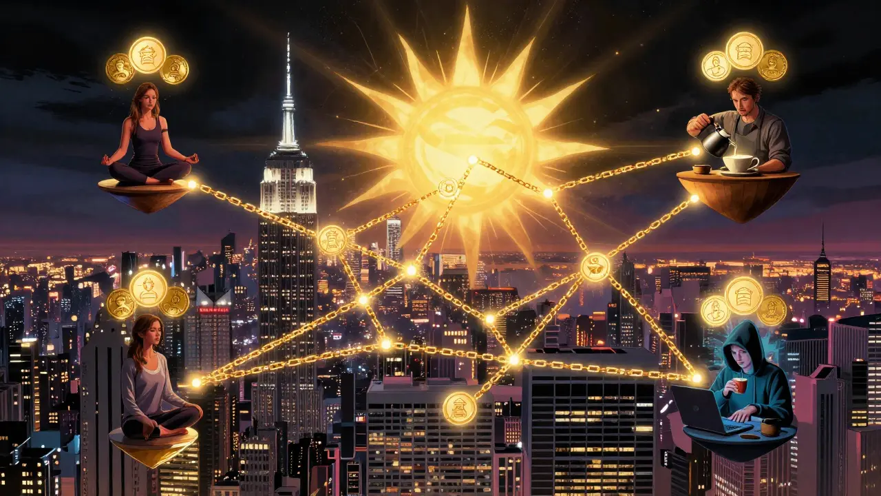 Global network of creators connected by glowing social tokens forming a radiant superhero emblem in the sky.