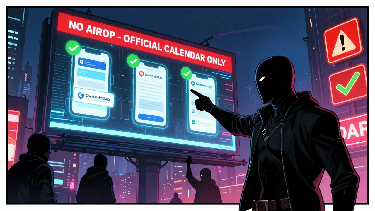 Hero exposes scammer figures fake CoinMarketCap airdrop signs in neon cyberpunk city