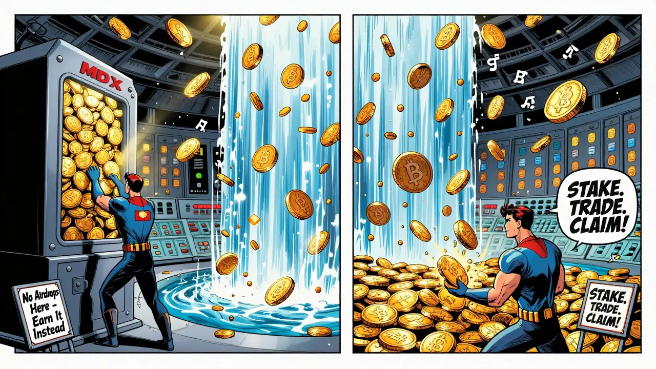 Hero feeding MDX into liquidity pool as golden rewards cascade upward