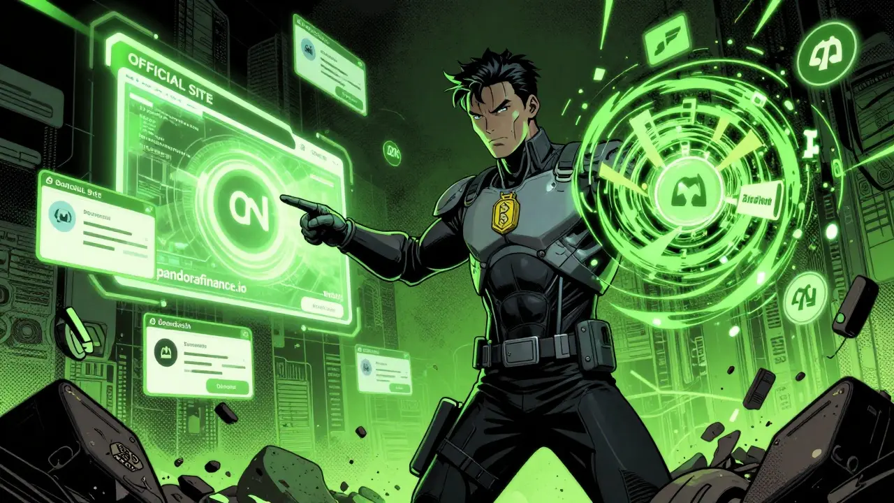 Hero in PNDR-themed suit blocks fake airdrop scams in a digital void, pointing to the official website portal.