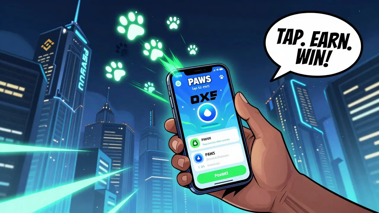 Hero taps phone to earn PAWS tokens with paw prints rising in a neon-lit city.