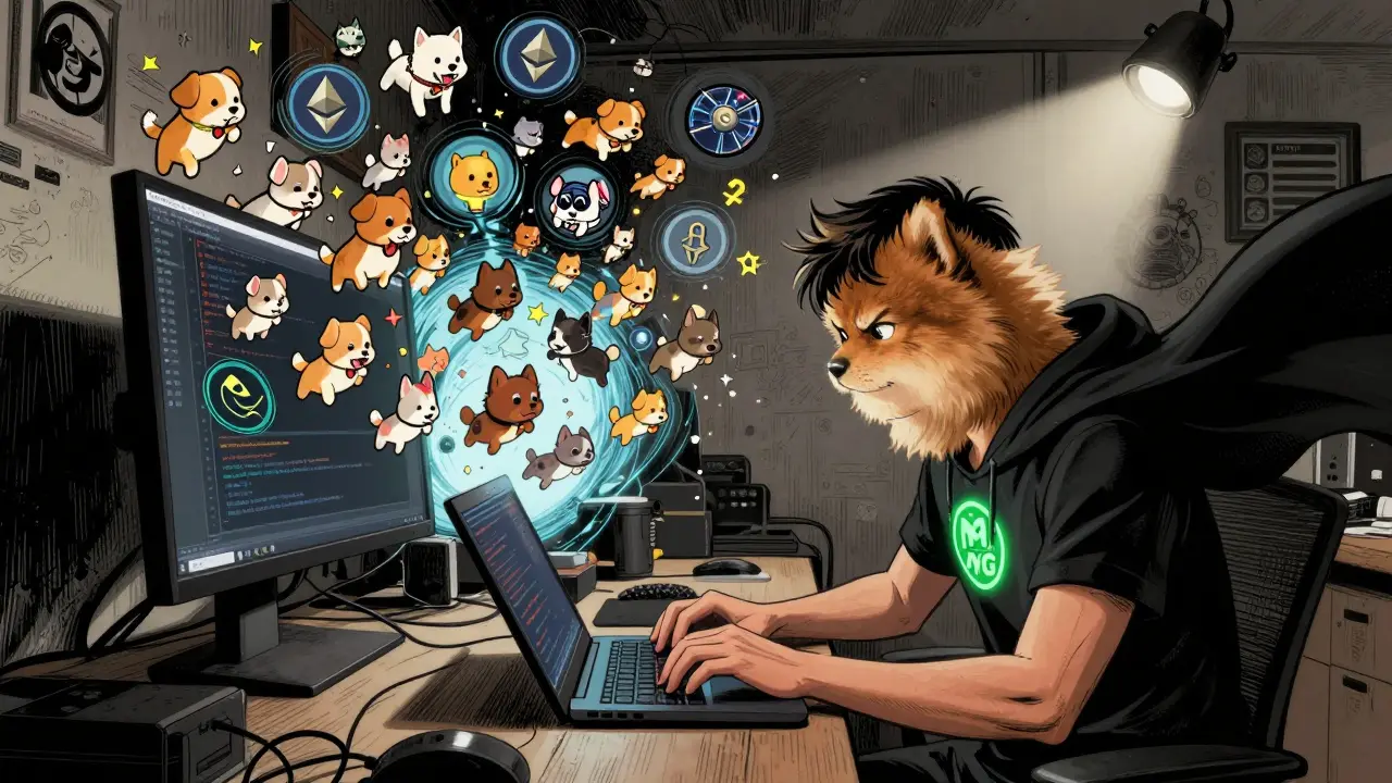 Indie developer surrounded by coding dogs and blockchain portals, wearing a PMG token emblem.