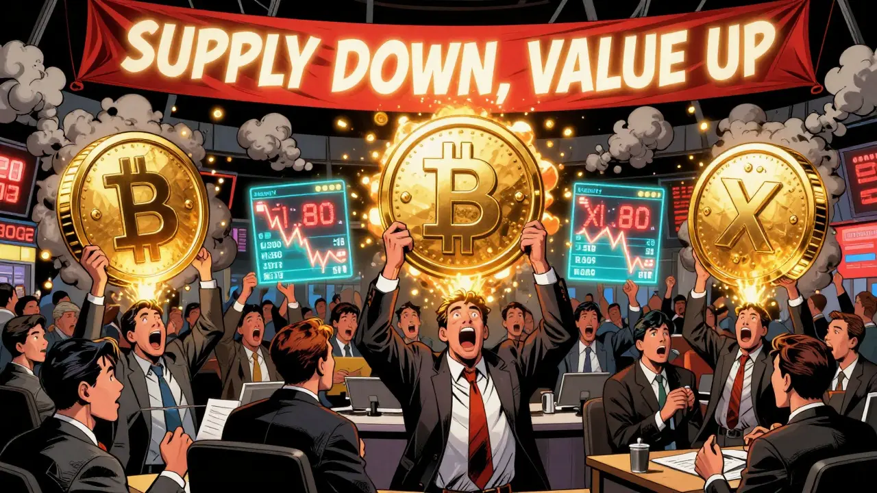 Investors celebrate as giant crypto tokens disintegrate into ash, reducing supply on holographic counters.