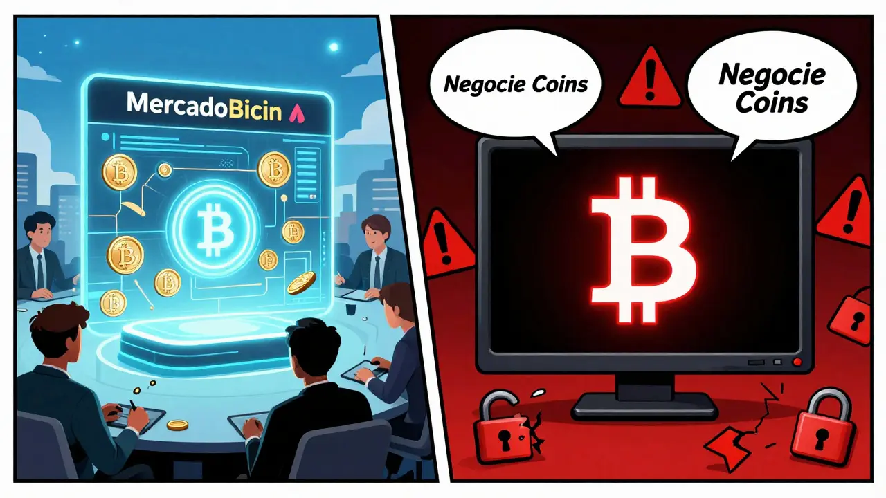 Split-panel comic: a thriving modern exchange contrasts with a dark, dead screen labeled Negocie Coins.