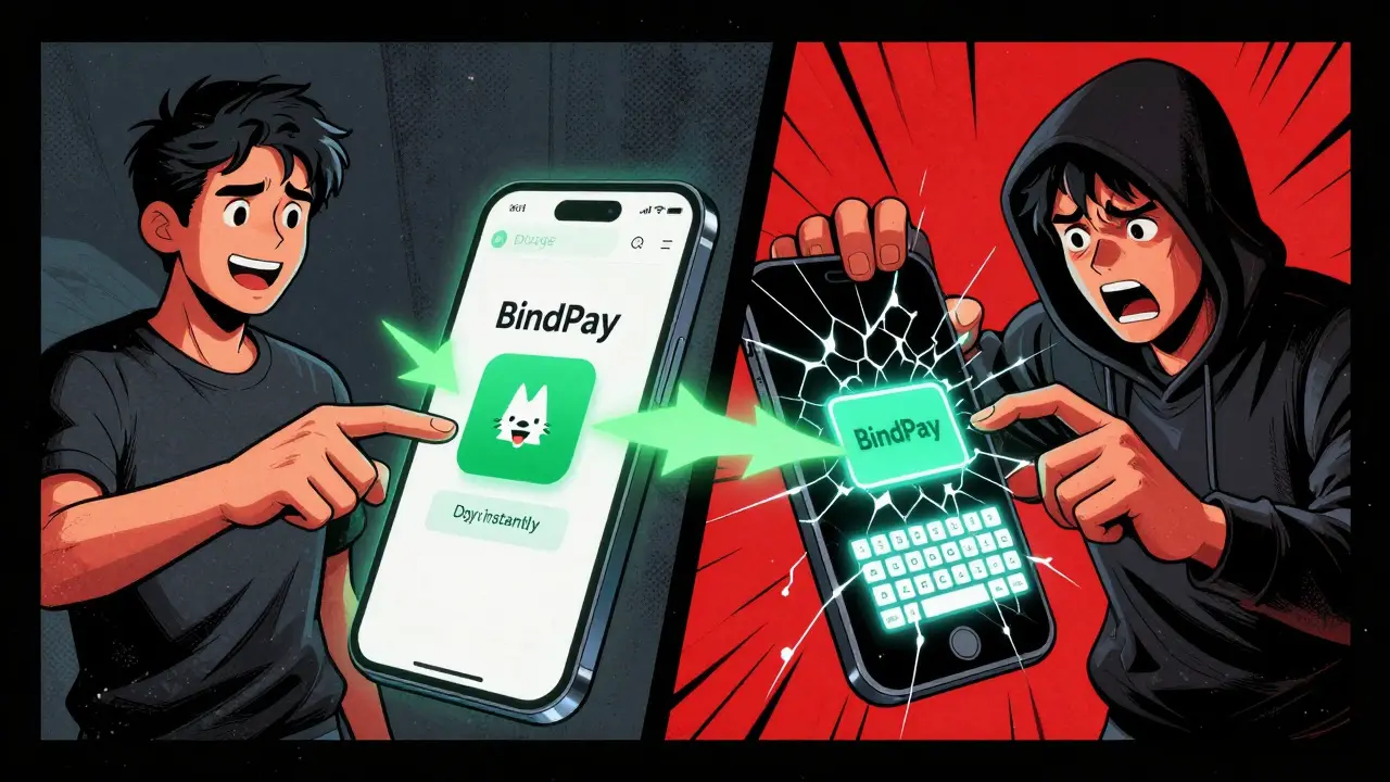Split scene: one side shows instant crypto payment, the other shows a hacker stealing a seed phrase from a phone keyboard.
