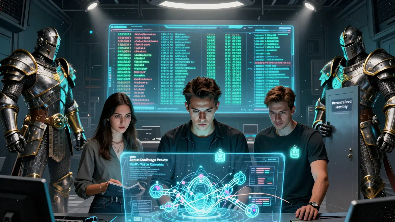 Three users activate a holographic Karat ID system surrounded by validator nodes and pulsing wallet counts.