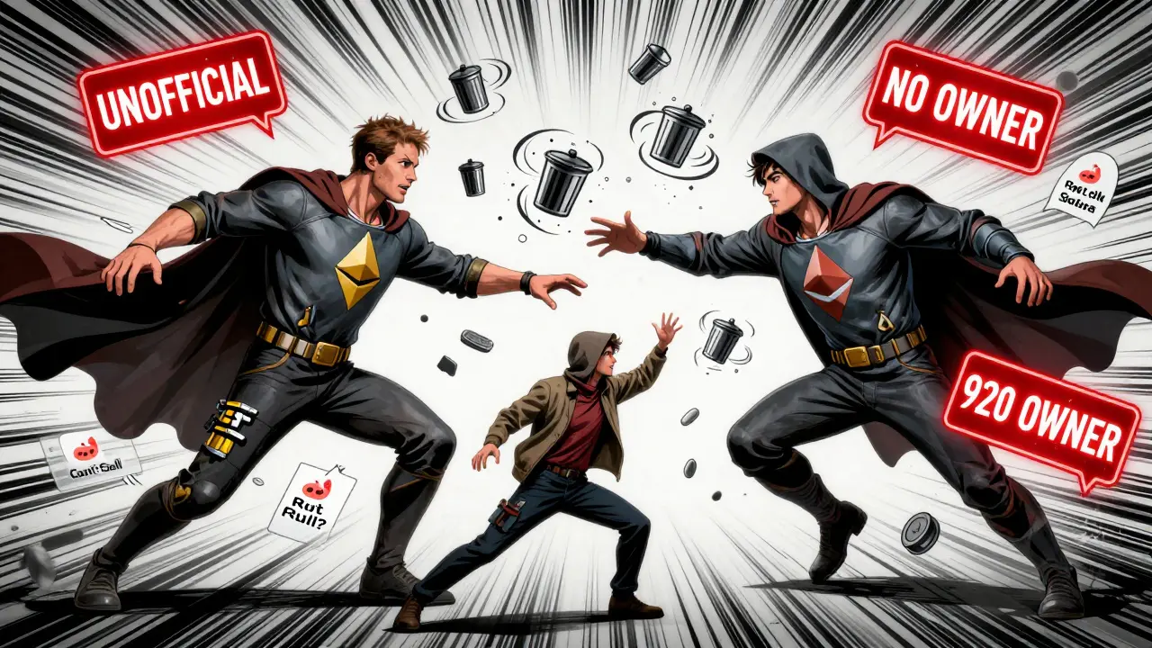 Two conflicting NALA tokens collide mid-air with warning signs, while a confused investor reaches for both.