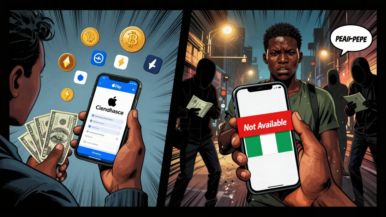 User in U.S. deposits crypto easily; user in Nigeria faces 'Not Available' banner with P2P cash trades.