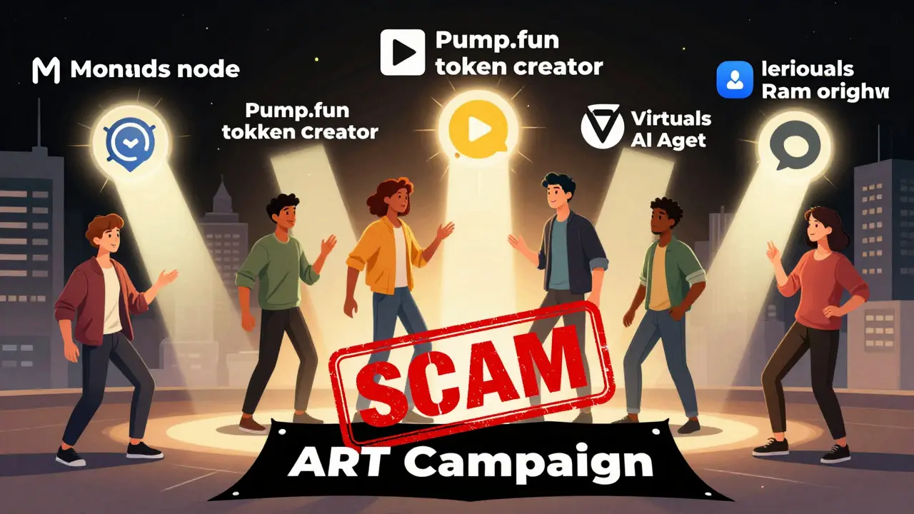 Users safely engaging with real 2025 airdrops as a fake ART campaign is crushed beneath them.