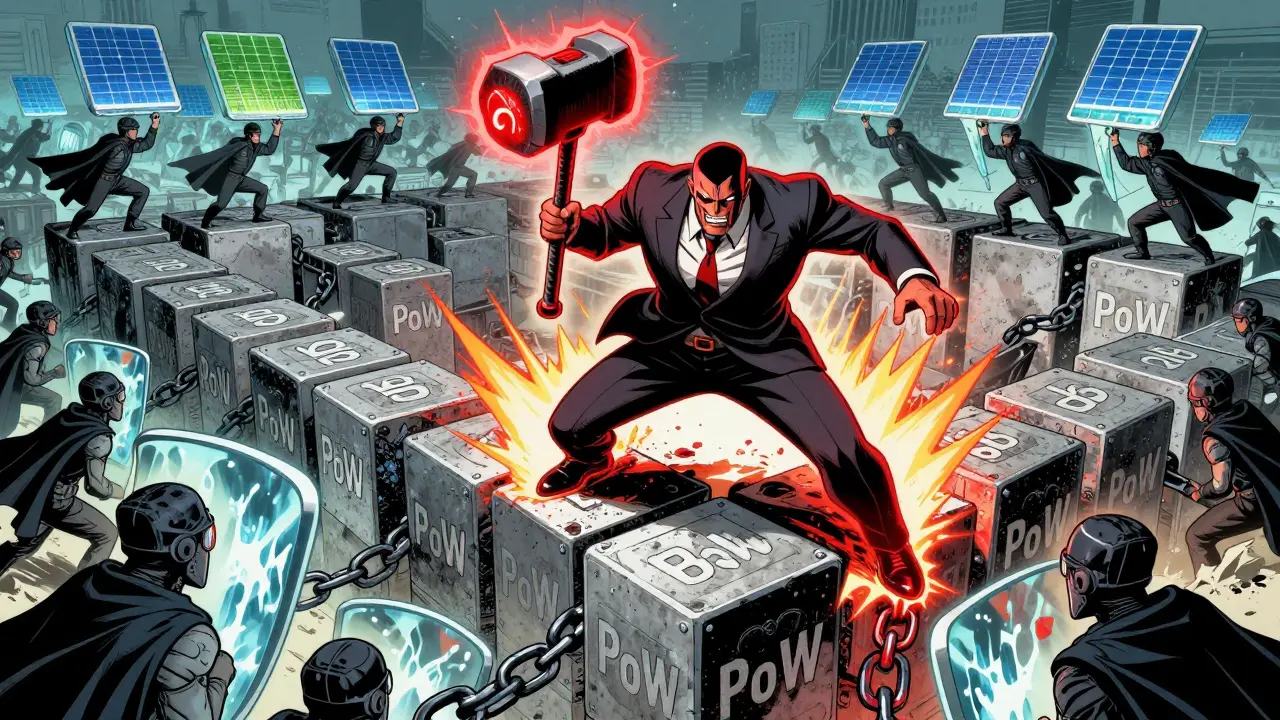 Villain attacking Bitcoin blockchain, met by miners defending with energy shields powered by renewables