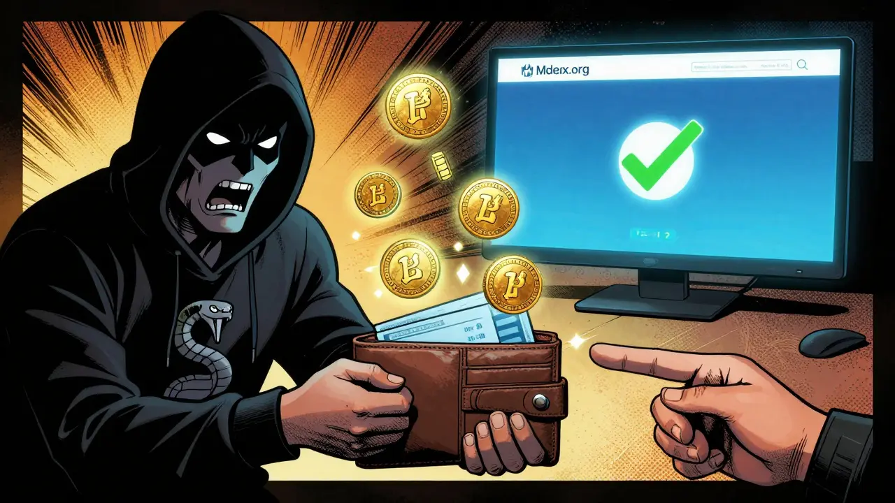 Wallet being drained by villain as real Mdex website glows safely in background