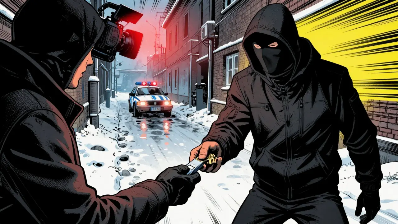 A clandestine crypto handoff in a snowy alley with a hidden camera glowing red above.