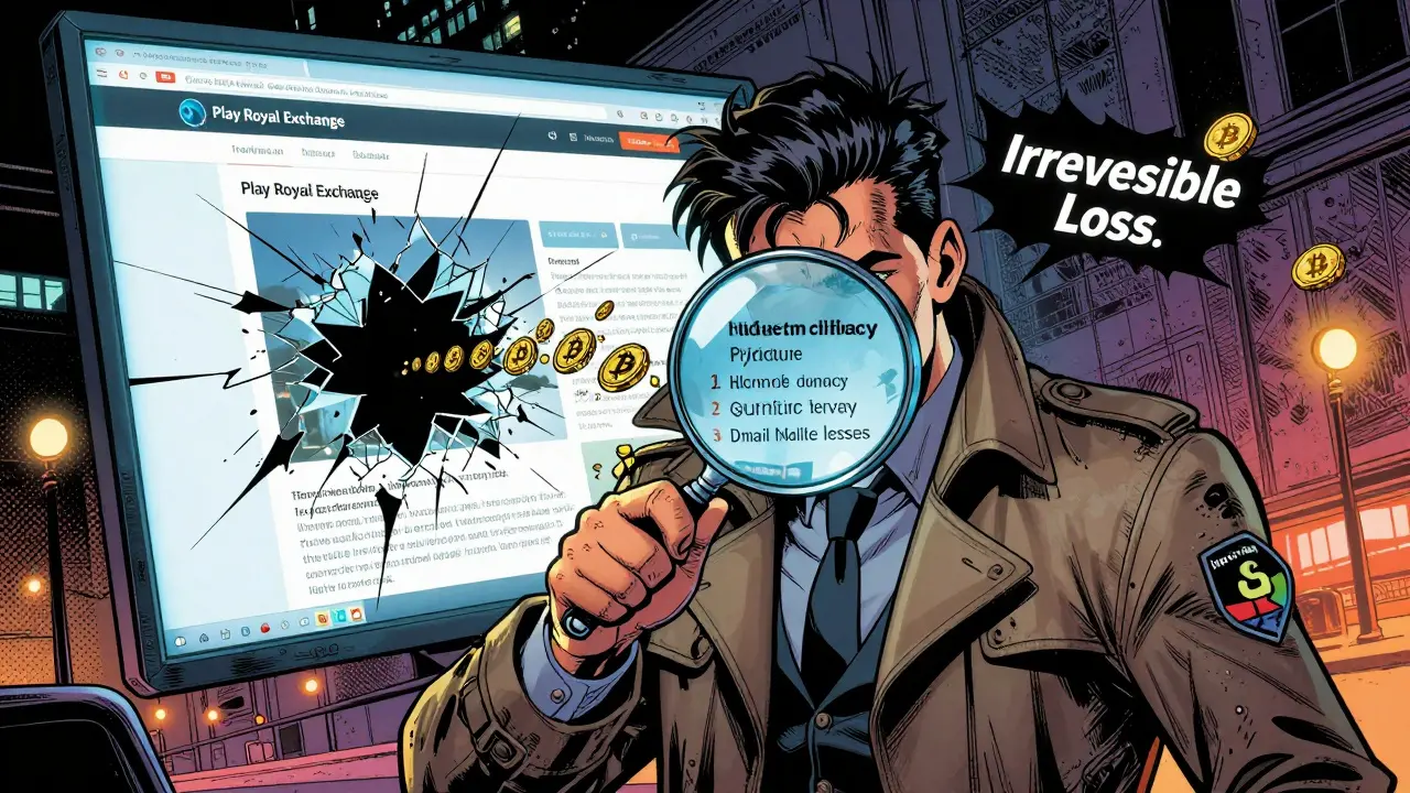 A crypto detective exposes fraud clues with a magnifying glass as a fake exchange website collapses.