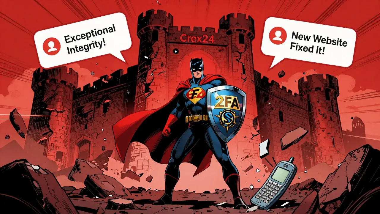 A crypto hero facing a crumbling exchange fortress with fake reviews and a broken phone.