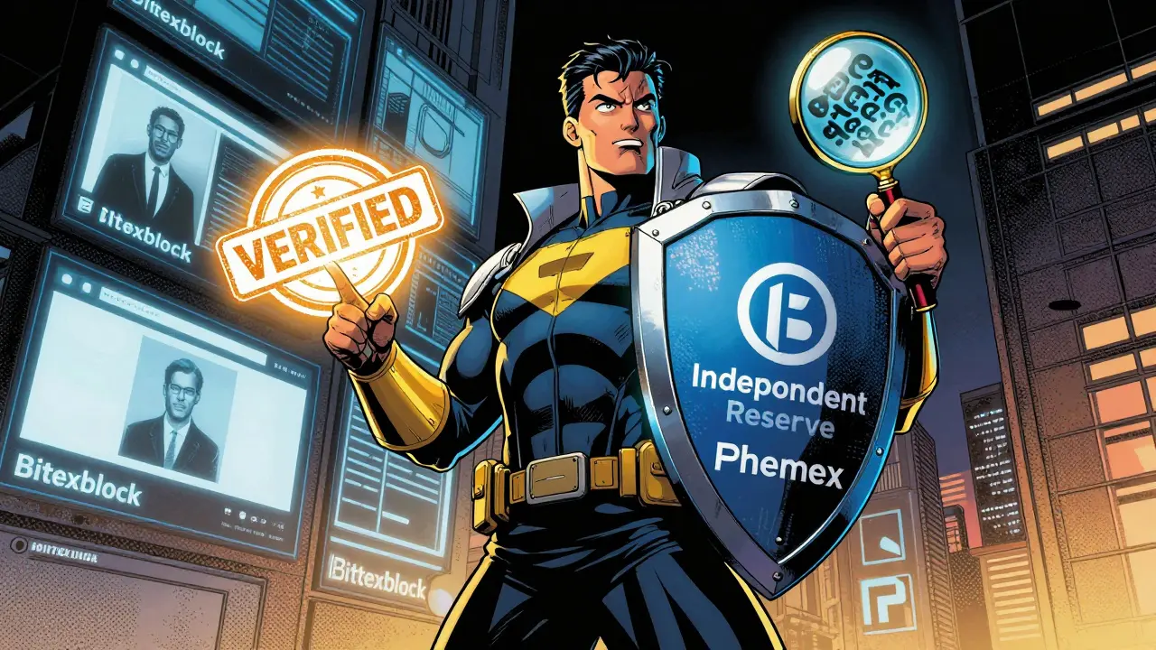 A crypto superhero defeats fake exchanges with a verified shield, standing against scam websites.