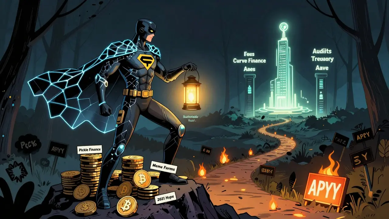 A crypto superhero stands on a pile of failed DeFi projects, holding a lantern of sustainable yield that lights the path to resilient protocols.