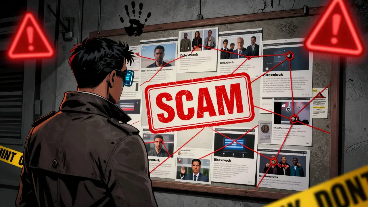 A detective investigates a scam network with a crime board showing Bitexblock and stolen funds.