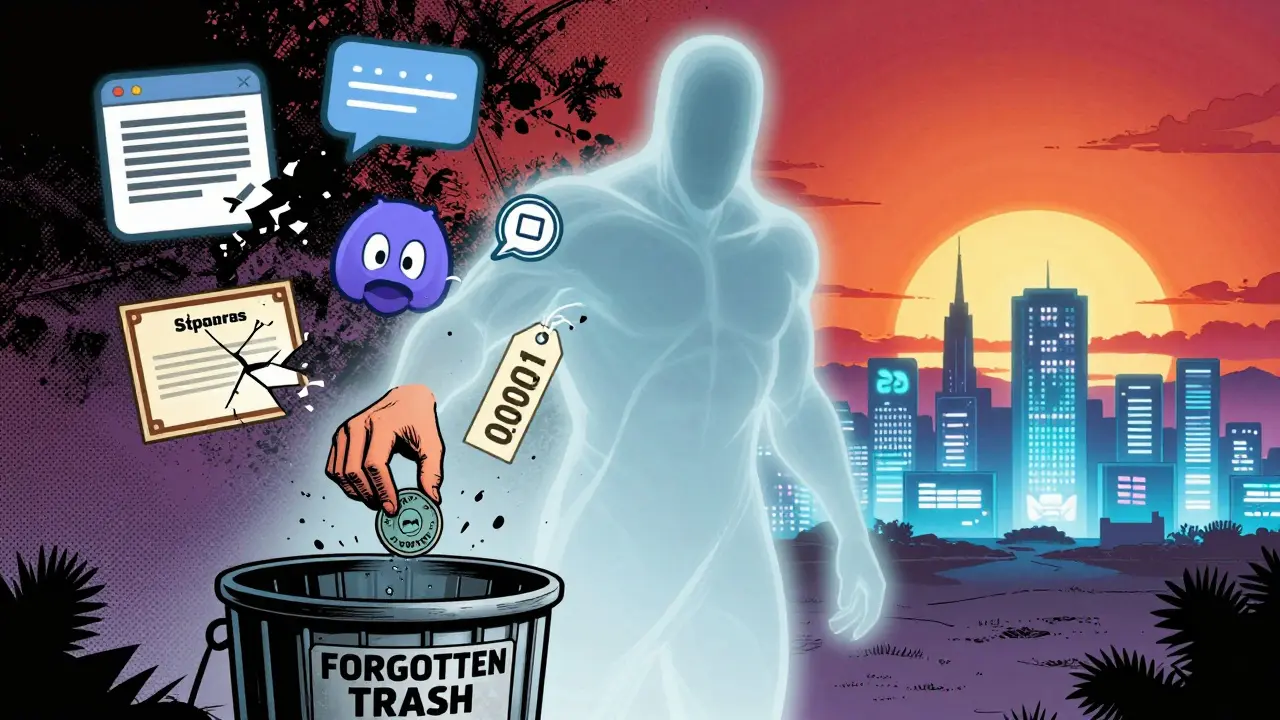 A ghostly token fading away among broken icons, tossed into trash as other DeFi projects glow in the distance.