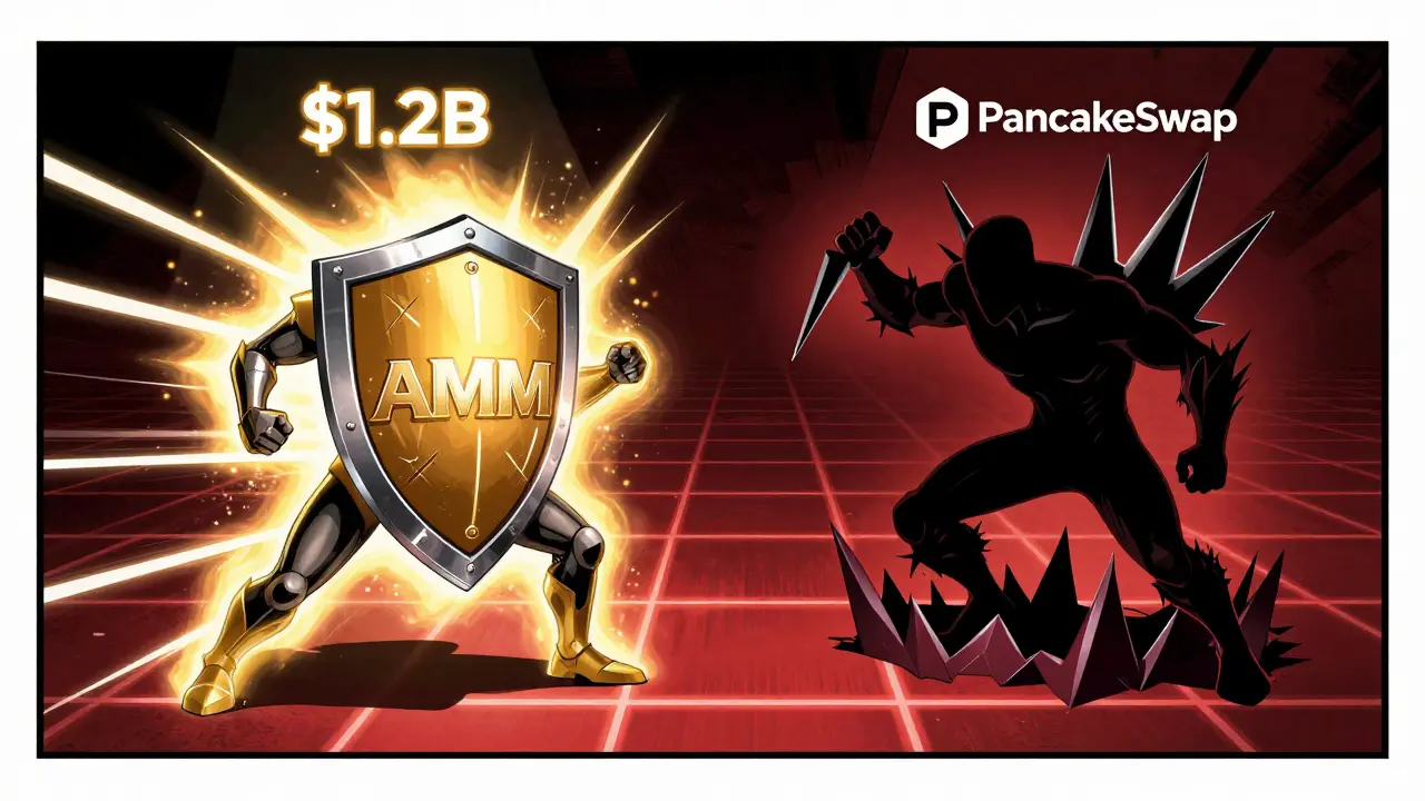 A heroic Uniswap v2 warrior with a liquidity shield battles a shadowy opponent on a blockchain battlefield.