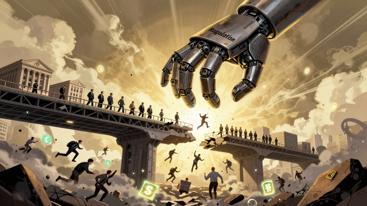 A regulatory hand stabilizes a crumbling crypto derivatives bridge as institutions cross safely while others fall into a digital abyss.