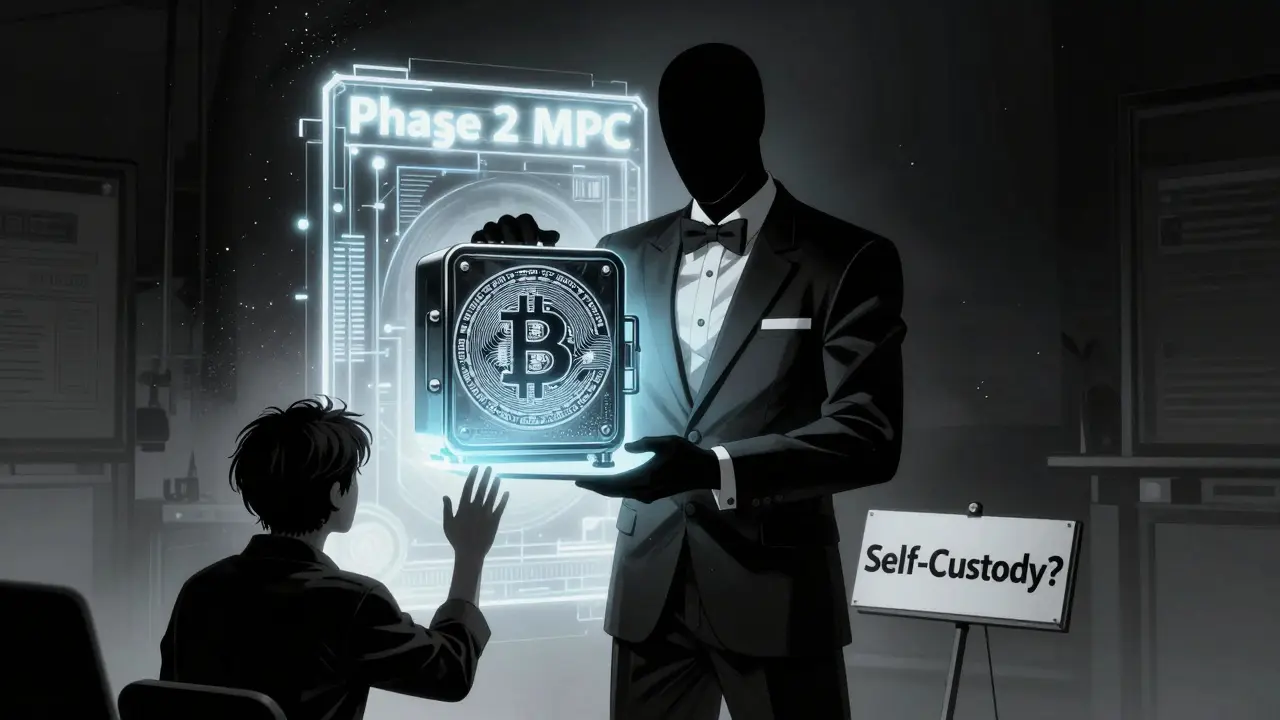 A shadowy custodian holds a Bitcoin vault while a glowing Phase 2 portal flickers behind.