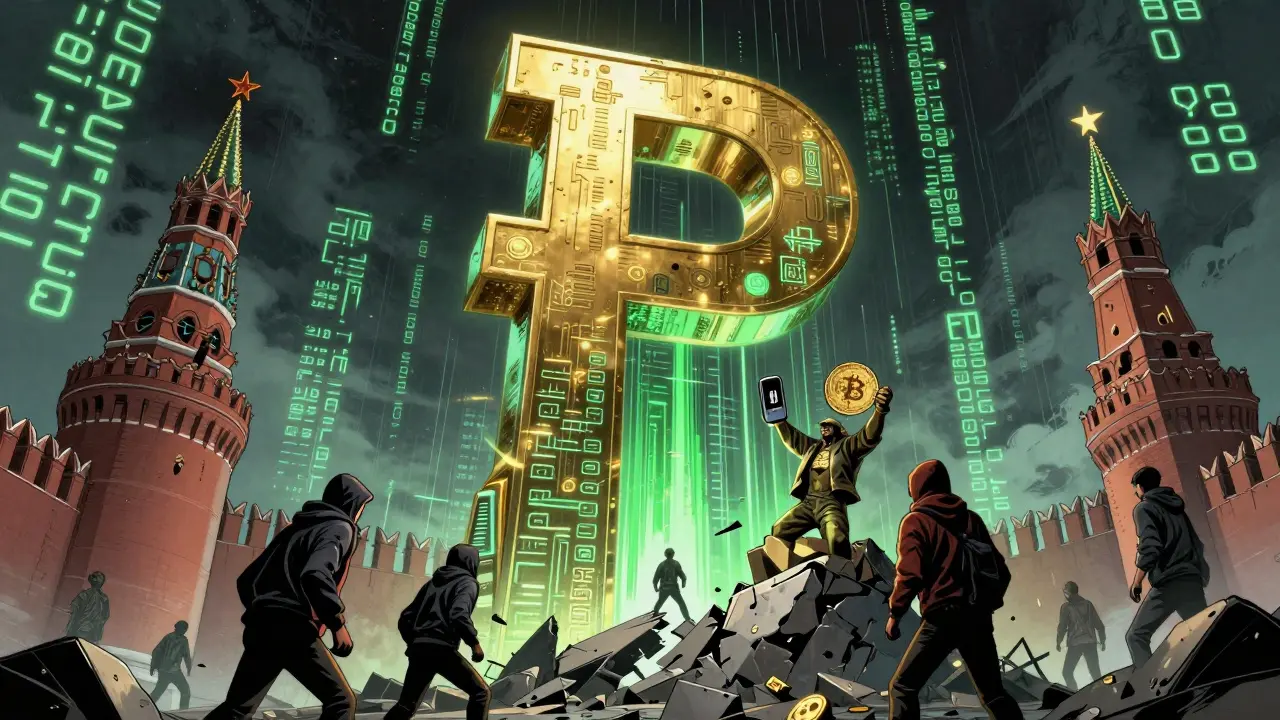 A towering digital ruble monolith dominates the skyline as tiny figures cling to a crumbling Bitcoin statue.