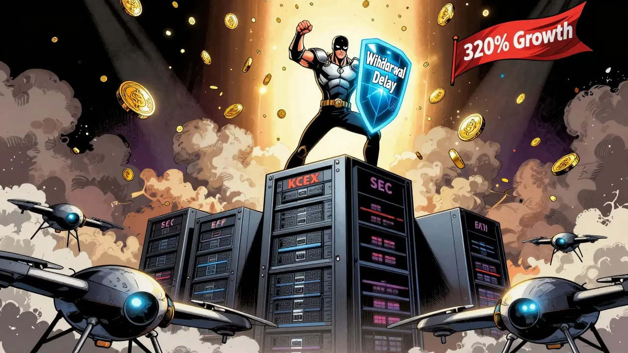 A trader defending a KCEX server fortress from regulatory drones, wearing multi-sig armor, as crypto coins rain down in victory.