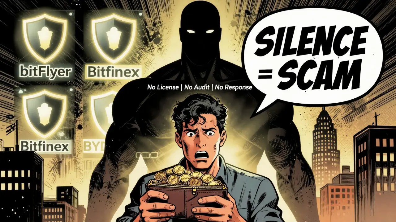 A trader faces a faceless corporate threat while legitimate exchanges shine safely in the background.