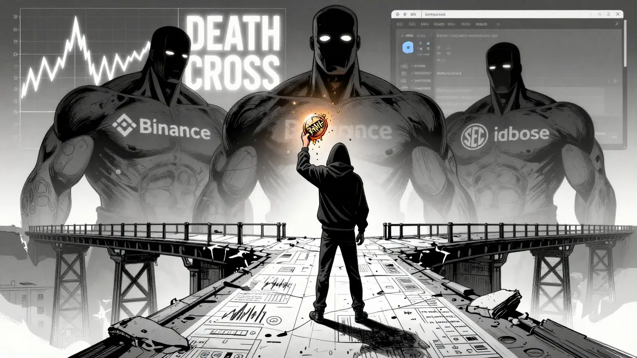 A trader on a melting chart bridge, dwarfed by giant crossed-out exchange logos and a death cross sky.