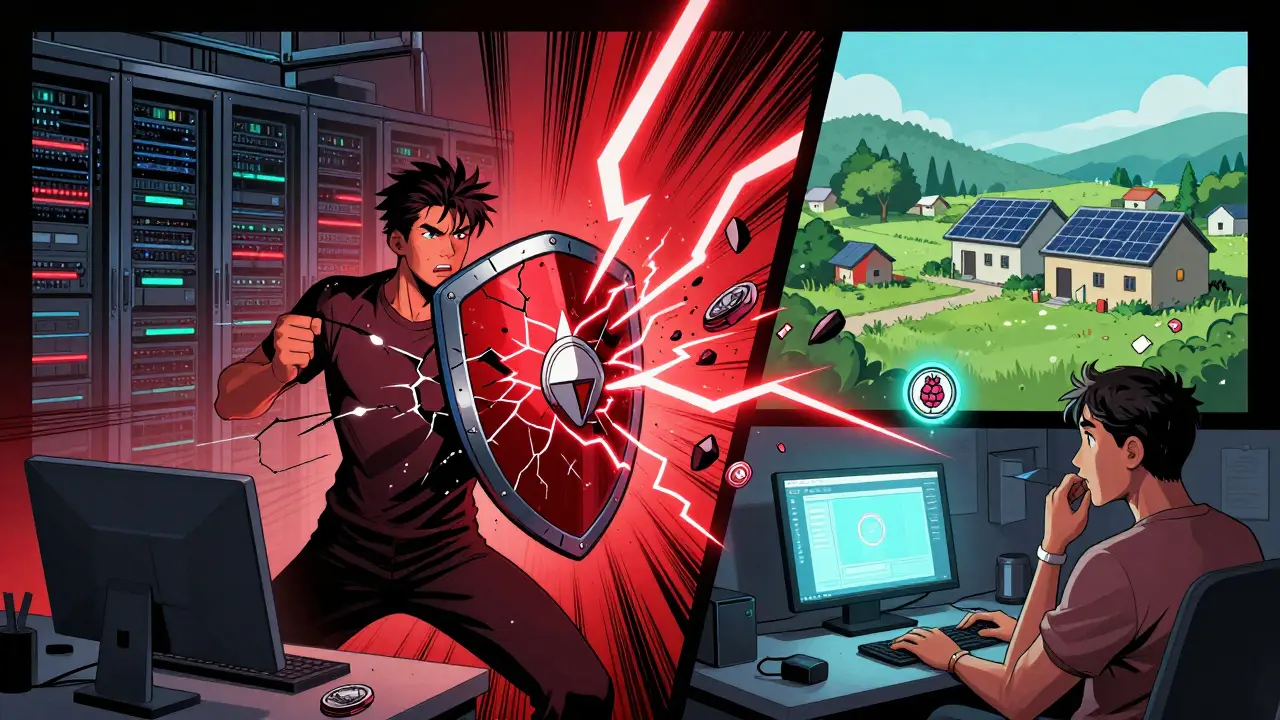 A validator's shield shatters in red lightning as a user watches, with stETH token floating as hope amid data centers and rural nodes.