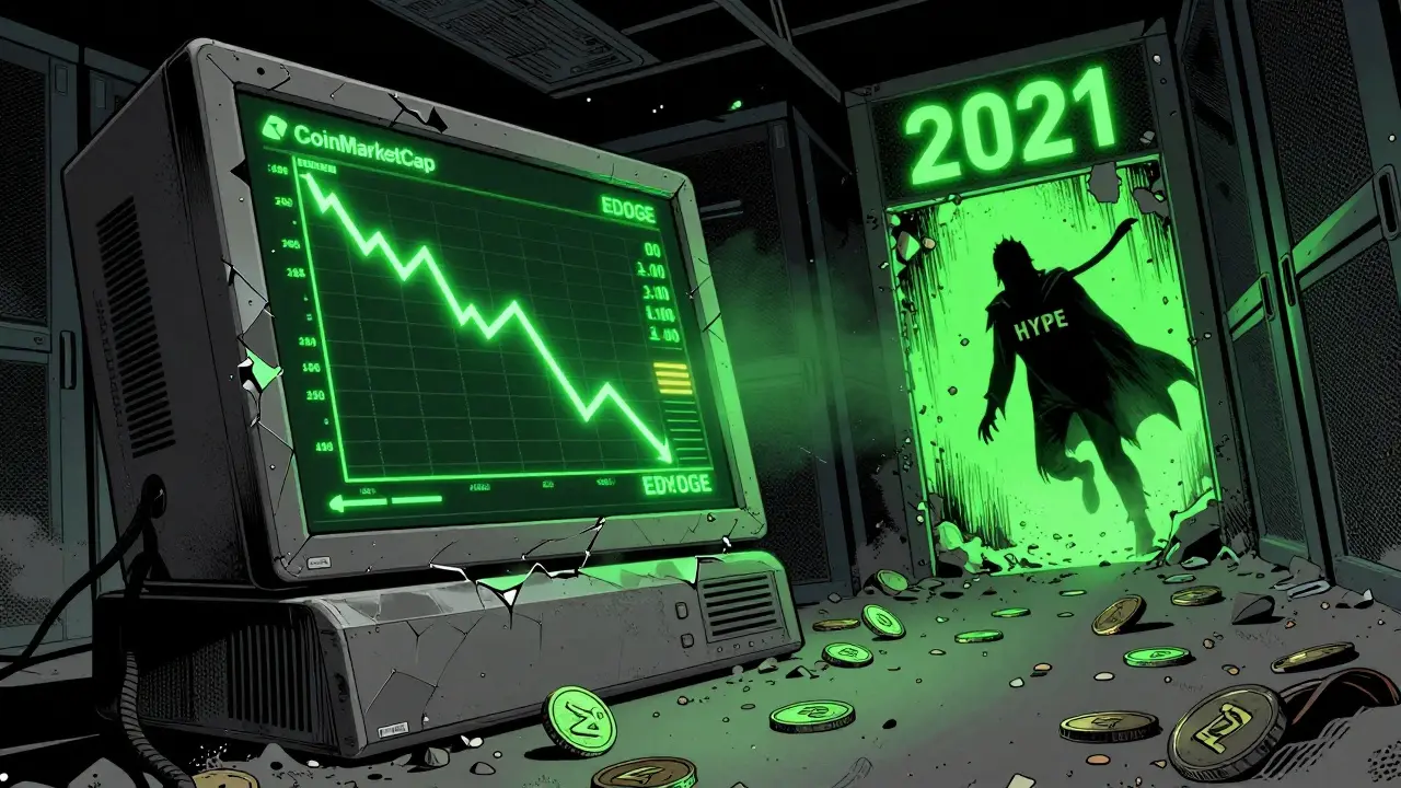 An abandoned CoinMarketCap terminal shows EDOGE's price crashing to zero, with EDAO tokens scattered on the floor.